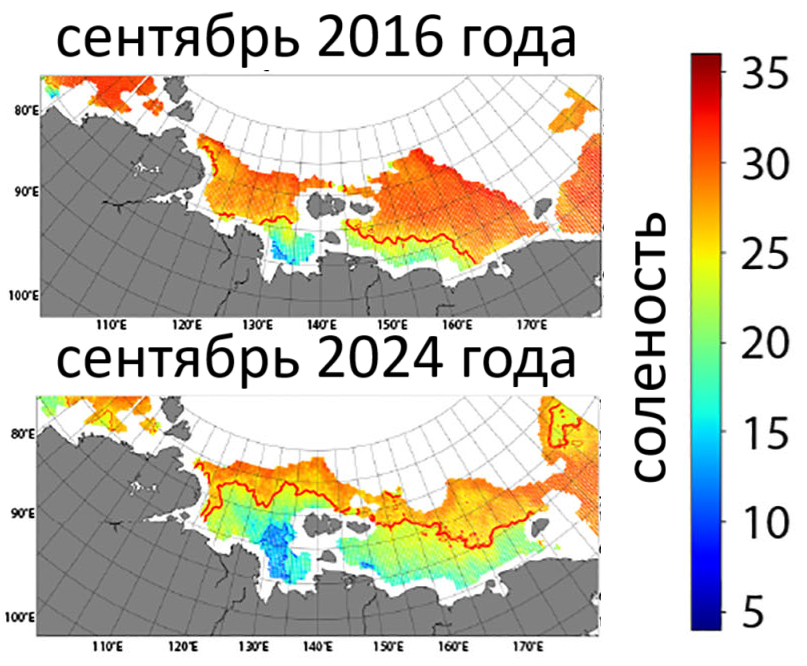 Область опреснения в море Лаптевых и Восточно-Сибирском море. Малая по площади — в 2016 году и большая — в 2024 году. Источник: Александр Савин