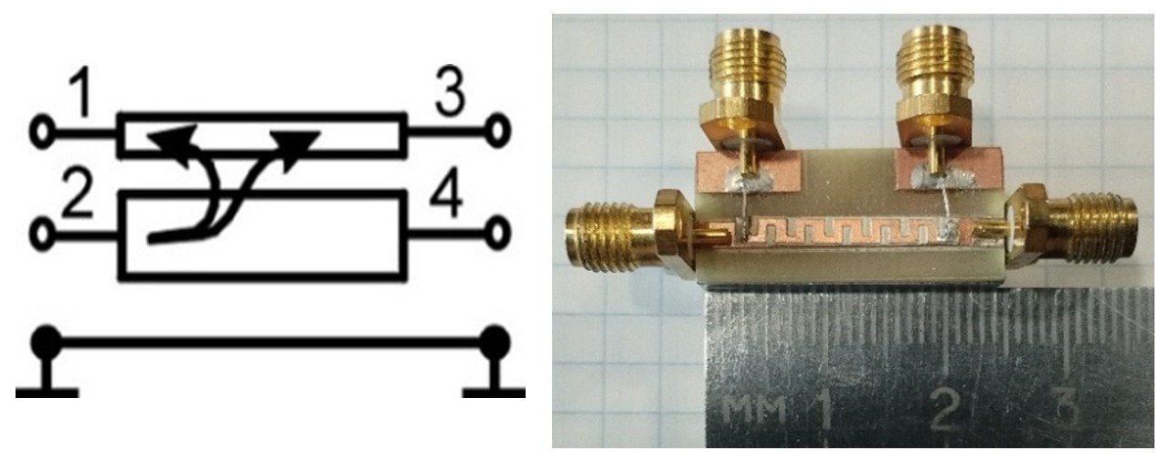 Поперечно-направленный ответвитель с накладкой и верхней меандровой линией (схема и конструкция). Источник: Александр Сычев