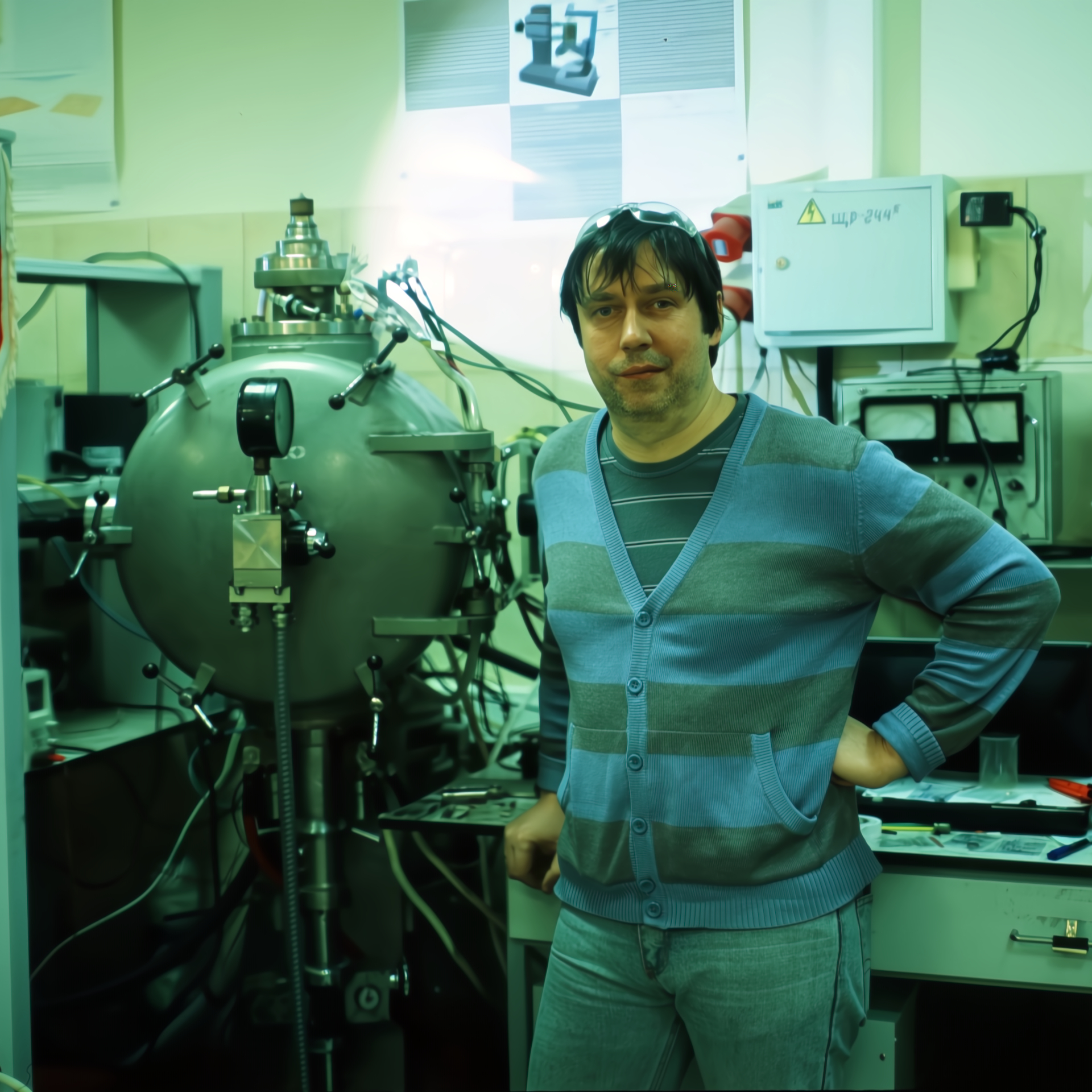 Сергей Жевненко на фоне экспериментальной установки. Источник: Сергей Жевненко